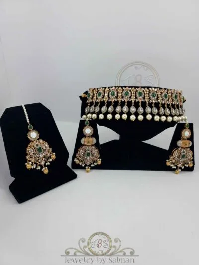 Emerald floral Kundan choker set with earrings and tikka