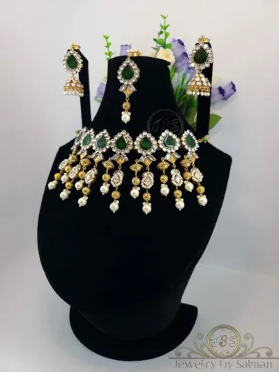 Emerald Teardrop Kundan Choker Set with Jhumka Earrings | JBS Jewelry