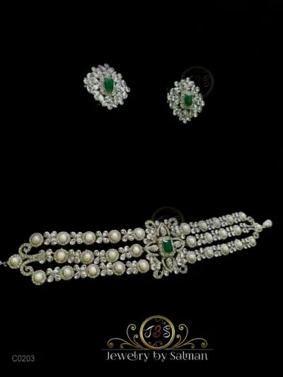 Emerald Green Pearl Zircon Choker Set with Earrings | JBS Jewelry