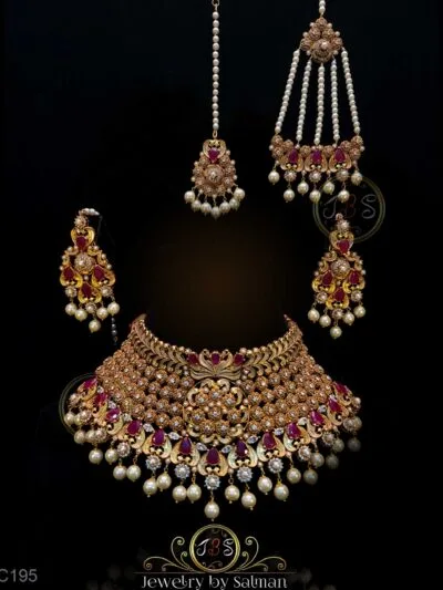 Ruby peacock bridal choker set with jhumar and maang tikka