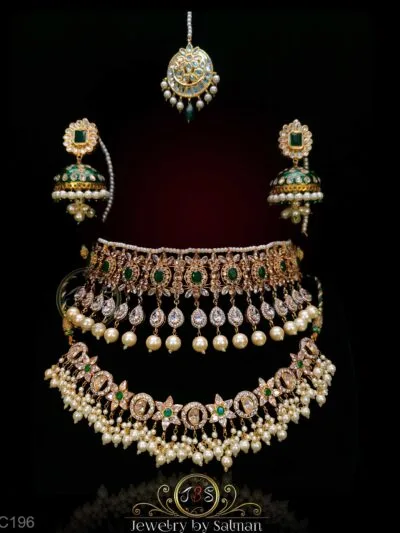 Emerald pearl layered bridal choker set with earrings and tikka