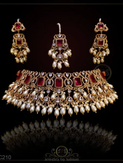 Ruby kundan choker set with pearl drops