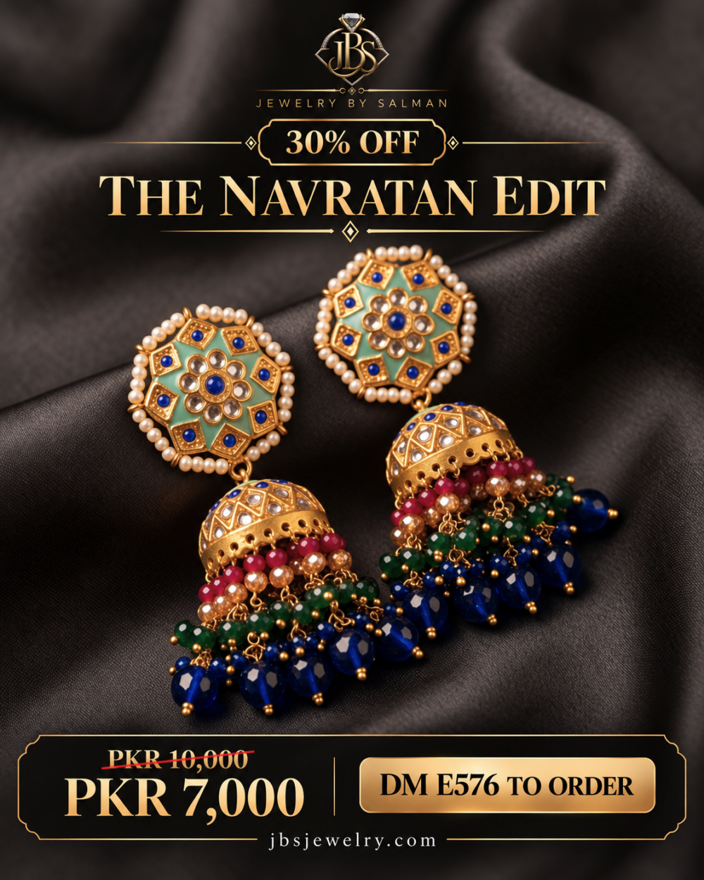 Navratan Earrings 30% Off-9 Navratan Kundan Jhumka Earrings with Bead Tassels | JBS Jewelry