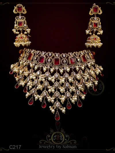 Ruby kundan bridal choker set with jhumka earrings