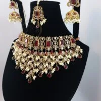 Ruby Kundan Choker Set with Pearl and Teardrop Details - Image 2