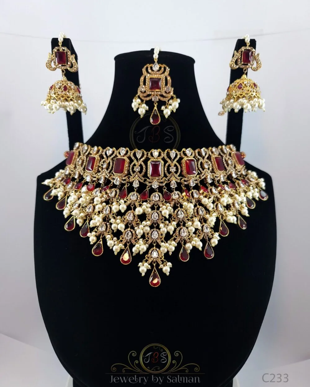 Ruby Kundan Choker Set with Pearl and Teardrop Details