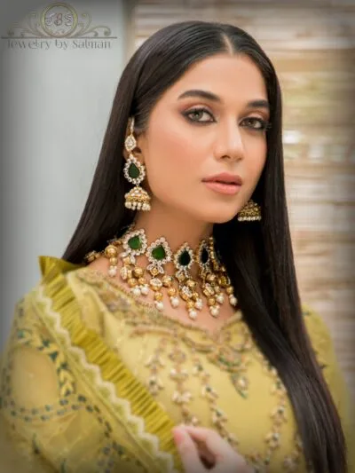 Emerald teardrop Kundan choker set with jhumka earrings