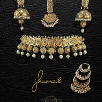 Gold-Tone Kundan Choker Set with Jhumar and Nath
