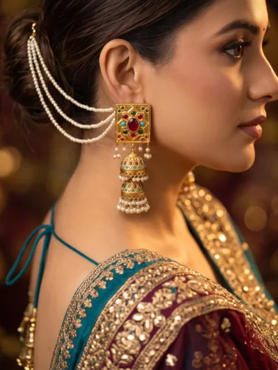 Kundan Navratan Double Jhumka Earrings | JBS Jewelry