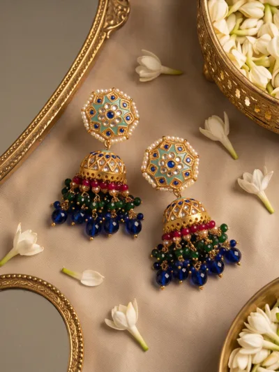 Navratan Kundan Jhumka Earrings with Bead Tassels | JBS Jewelry