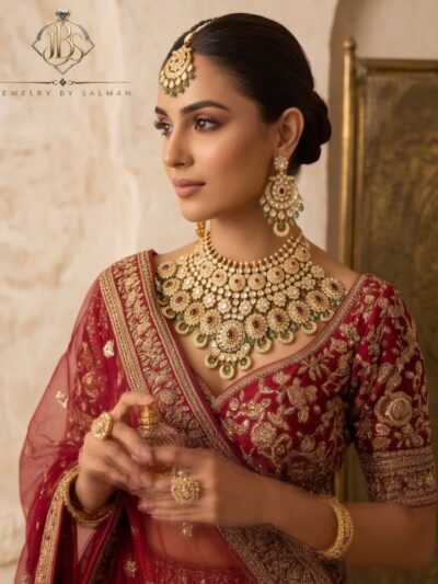 Ruby and Mint Kundan Bridal Collar Set with Tikka | JBS Jewelry