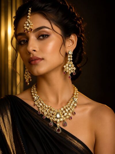 Ruby-Tone Kundan Necklace Set with Tikka