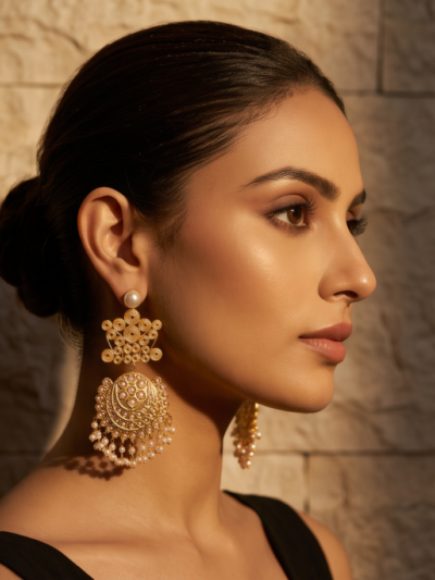 Gold-Tone Kundan Pearl Statement Earrings