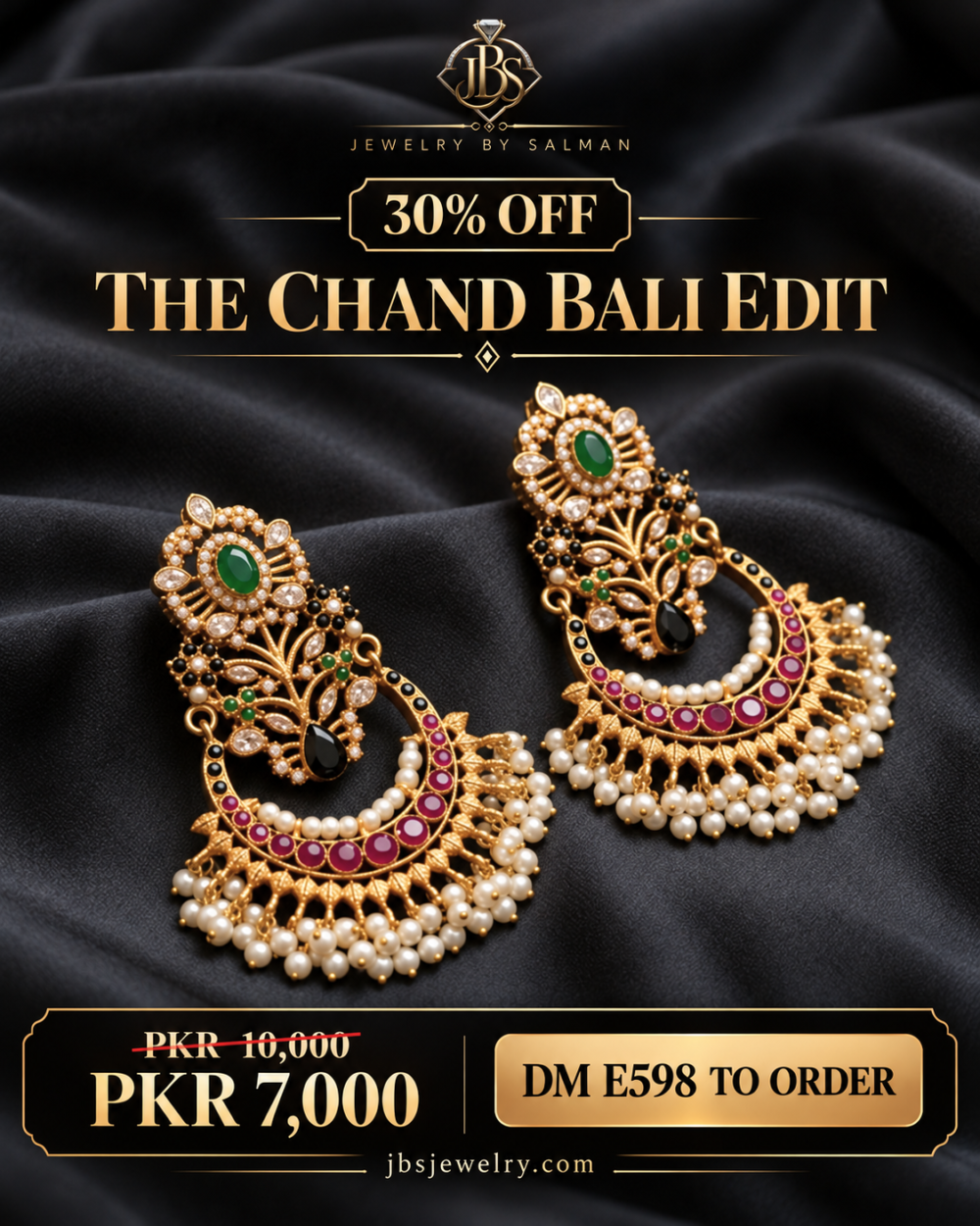 JBS E598 30 Percent Off Sale Poster Navratan Kundan Chand baliyan with Pearls - JBS Jewelry 30% OFF sale poster