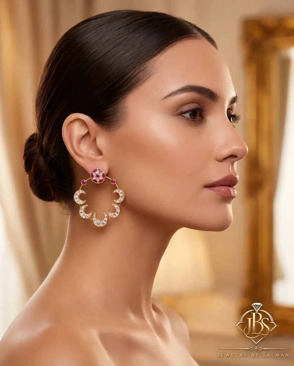 Model wearing a designer Kundan bali earring with crescent detailing and zircon work