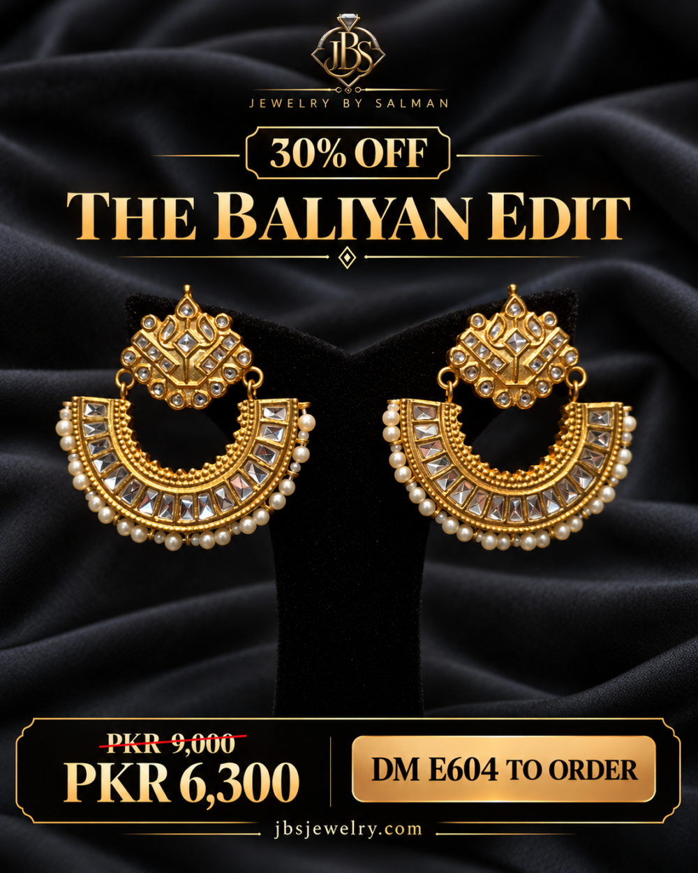 JBS E604 30 Percent Off Sale Poster Kundan Crescent Baliyan Earrings with Pearl Drops | JBS Jewelry - 30% OFF