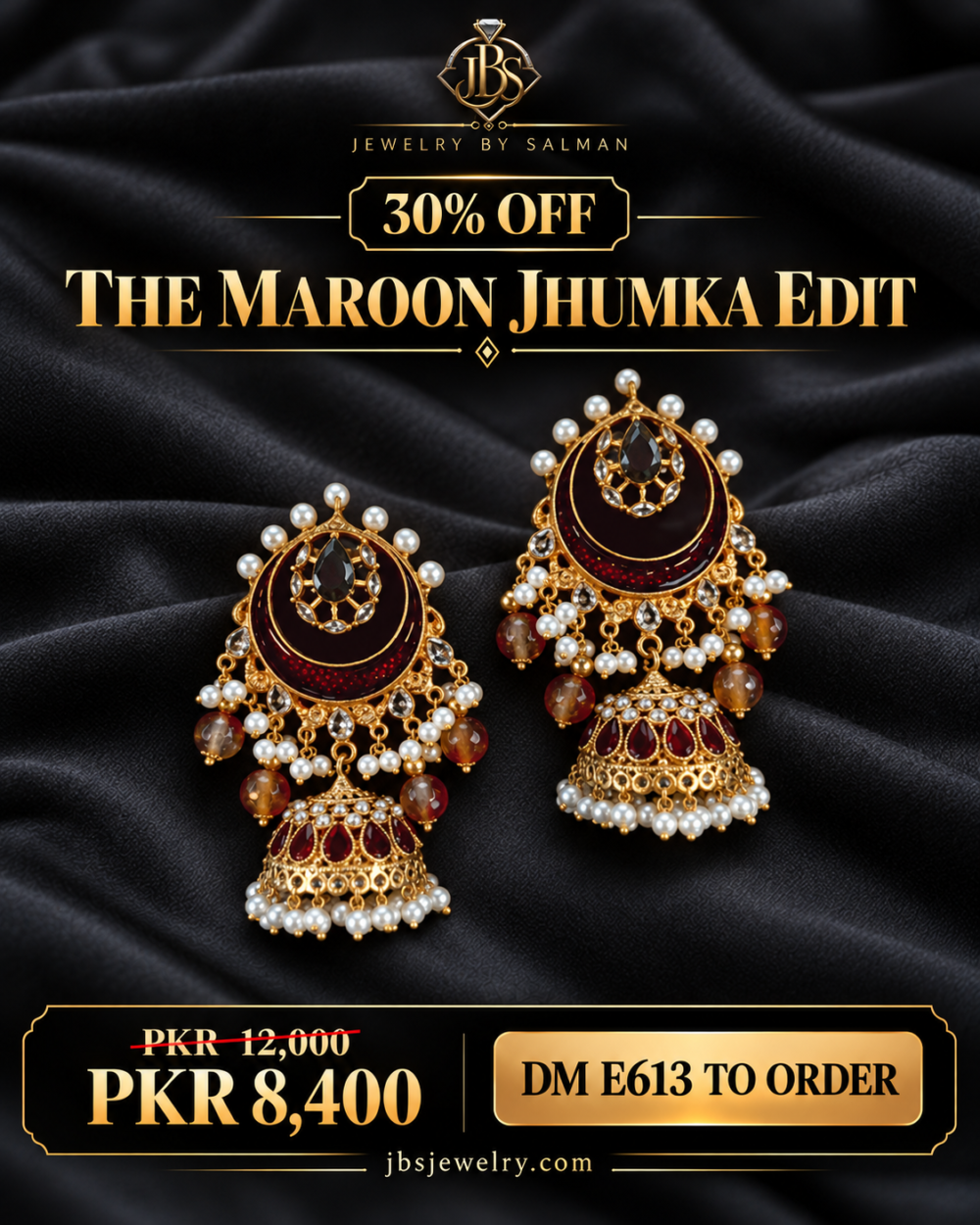 JBS E613 30 Percent Off Sale Poster Maroon Chandbali Jhumka Earrings - JBS Jewelry 30% OFF sale poster
